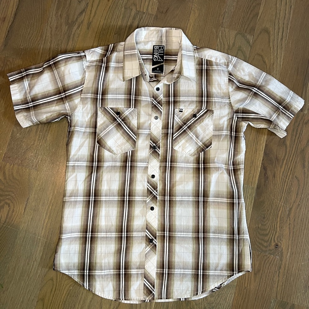 Billabong Short Sleeve Brown Western Plaid Shirt Button Pocket Cowboy Rodeo Sz M